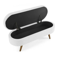 Oval Storage Bench 43.5" Modern Linen Fabric Upholstered Entryway Bench with Rubber Wood Legs Ottoman Bench Indoor Storage Bench for Living Room, Bedroom, End of Bed, Entryway, Bed Side, White