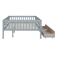 Low Wood Bed with Fence Guardrails for Kids, Full Size Platform Bed Frame Montessori Bed with 2 Storage Drawers & Slats System for Boys Girls Bedroom, No Box Spring Required, (Gray, Full Size)