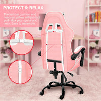 High Back PU Leather Gaming Chair, Height Adjustable Swivel Chair with Adjustable Back, Ergonomic Office Chair with Headrest & Lumbar Support, Desk Chair for Home Office, Pink/White