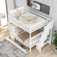 Full over Full Bunk Bed with Two Drawers and Storage, Multifunction Wood Bunk Bed with Staircase, Storage Shelves and Safety Guardrail, No Box Spring Needed, White