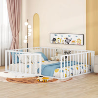 Full Size Floor Bed for Kids and Toddlers, Metal Montessori Floor Bed with 21.7" High Full-Length Fence and Door, Safety Montessori Bed Frame for Kids Girls and Boys, No Slats Supports, White