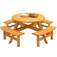 8 Person Wood Picnic Table, Outdoor Round Picnic Table with 4 Built-in Benches, Umbrella Hole, Outside Table and Bench Set for Garden, Backyard, Porch, Patio, 2220lbs Capacity Per Bench- Natural