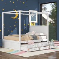 Queen Size Platform Bed, Wood Canopy Platform Bed with Trundle and Storage Drawers, Wood 4-Poster Bed with Headboard for Adults Kids Teens, Space Saving Bed Frame, Bed Frame Bedroom Furniture, White