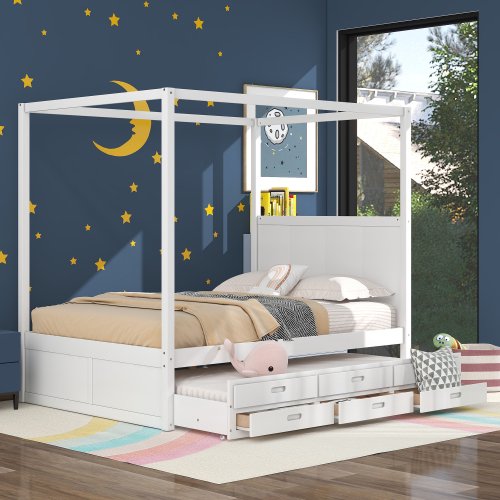 Queen Size Platform Bed, Wood Canopy Platform Bed with Trundle and Storage Drawers, Wood 4-Poster Bed with Headboard for Adults Kids Teens, Space Saving Bed Frame, Bed Frame Bedroom Furniture, White