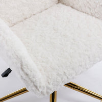 Home Office Desk Armchair with Wheels, Comfy Artificial Rabbit Hair Upholstered Accent Vanity Chair with Golden Metal Base, Adjustable Hight Swivel Task Computer Chair for Living Room, Bedroom, White