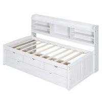 Twin Bed Frames, Bed Frame with Trundle and Built-in Bookshelves, Wooden Captain Bed Twin Size Bed Frames, Storage Bed with Three Storage Drawers for Adults Boys and Girls, White Wash