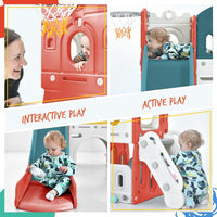 5 in 1 Toddler Slide Indoor Outdoor, Freestanding Castle Climber Playset with Slide and Basketball Hoop, Plastic Slides for Kids Toddlers Backyard Playground Activity with Toy Storage Organizer, Red