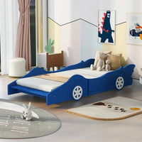 Race Car-Shaped Bed Frame for Kids Toddlers, Twin Size Solid Wood Platform Bed with Wheel and Safety Guardrail & Slats Support Low Floor Platform Bed Frame No Box Spring Needed, Blue