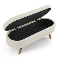 Oval Storage Ottoman Bench, 43.5" Linen Upholstered Storage Bench with Solid Wood Legs, Modern End of Bed Storage Bench Indoor Ottoman Bench with Storage for Living Room, Bedroom, Entryway, Beige