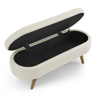Oval Storage Ottoman Bench, 43.5" Linen Upholstered Storage Bench with Solid Wood Legs, Modern End of Bed Storage Bench Indoor Ottoman Bench with Storage for Living Room, Bedroom, Entryway, Beige
