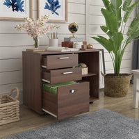 Drawer File Cabinet with Coded Lock, Bedside Table Mobile Lateral Filing Cabinet Printer Stand with Open Storage Shelves & 5 Universal Wheels, Wood Grain Two Layer Storage Cabinet for Office, Brown
