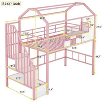 Full Size Loft Bed with Storage Stairs, Metal Loft Bed with A Storage Box and Safety Guardrail, House Bed with Roof Design for Kids Teens Adults Bedroom, No Box Spring Needed, Pink