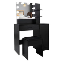 Black Bedroom Makeup Vanity Set, Vanity Desk with Light, Mirror and Cushioned Stool, Modern Makeup Dressing Table for Girls, Wife, Daughter, Mother, Adjustable Light Brightness