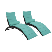 Patio Wicker Sun Lounger Set of 2, PE Rattan Foldable Chaise Lounger with Removable Cushion and Pillow, 2PCS Recliner Chair with Black Wicker and Turquoise Cushion for Poolside Garden Yard, Blue