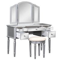 43" Luxury Dressing Table Set, Mid-centery Dresser with Tri-fold Mirror, 5 Drawers, Stool, Baroco Style Makeup Vanity Set for Bedroom, Living Room, Silver