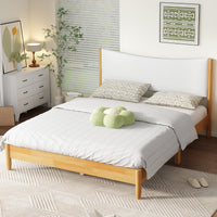 Triple Tree Queen Size, Solid Rubber Wooden Bed with Boucle Upholstered Headboard, Enhanced by Support Feet,Beech White
