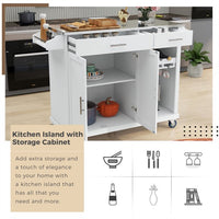 Kitchen Cart with Stainless Steel Top & Storage Cabinet, Mobile Kitchen Island Cart on Wheels with Two Drawers & Goblet Holder & Wine Rack & Spice Rack & Towel Holder, 51Lx18Wx37H Inches, White