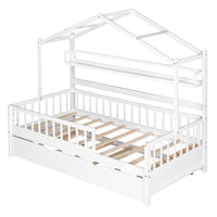 House Bed with Trundle, Twin Fence Railings Kids Cottage Beds Wood Playhouse Bed Frame for Toddlers Girls Boys Teens, Montessori Bed Twin Size Platform Bed Frame with Roof, Tent Bed, Twin, Gray