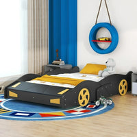 Full Size Race Car-Shaped Platform Bed for Kids, Solid Wood Platform Bed Frame with Wheels and Storage, Sturdy Car Bed with Full-Length Guardrails for Kids Boys and Girls, Space Saving Design, Black
