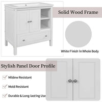 30" Bathroom Vanity Without Sink, Bathroom Vanity Cabinet Base Only, Freestanding Bath Vanity with Soft Close Doors and Drawer, Solid Wood Frame Bathroom Cabinet with Adjustable Shelf, White