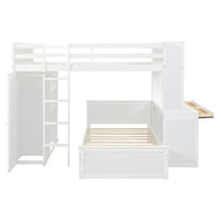 Full Size Loft Bed, Wood Loft Bed with Desk and Stand-Alone Bed, Bunk Bed with Storage Shelves and Wardrobe, Loft Bed Frame for Teens Boys & Girls, White