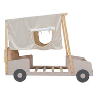 Full Size Car Canopy Bed with Ceiling Cloth and Upholstered Headboard, Platform Bed Frame with Light, Car-Shape Bed Frame with Wheels for Toddler Children Boys Girls,Natural