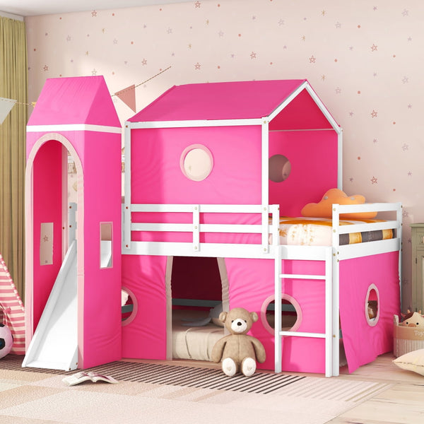 Full Size Castle Shaped Floor Bunk Bed, Full Over Full Floor Bunk Loft Bed with Tower and Slide, Wood Loft Playhouse Bed Frame with Tent for Kids Girls Boys Teens