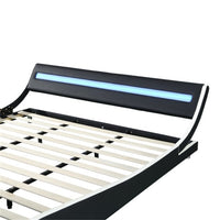 King Size Platform Bed with LED Light Headboard, Faux Leather Upholstered Platform Bed Frame with Curve Design and Wood Slat Support, No Box Spring Needed, Easy Assemble, Black White