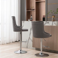 Swivel Bar Stools Set of 2 Adjustable Bar Chair with Back Velvet Tufted Counter Stool Modern Upholstered Kitchen Stool with Nailhead for Kitchen Island Restaurant Pub Counter (Gray)