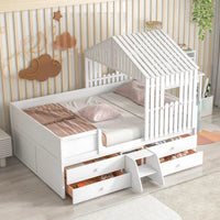 Full Size House Bed for Kids, Wooden Full Low Loft Bed with 4 Drawers, Full Storage Bed Frame with Roof and Windows, Multifunctional Cabin Playhouse Bed for Girls Boys, No Box Spring Needed, White