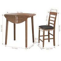Drop-Leaf Dining Table Set of 3, Round Counter Height Drop-Leaf Table with 2 Upholstered Chairs, Rubber Wood Dining Table Set Pub Set with PU leather Cushion for Small Space Kitchen
