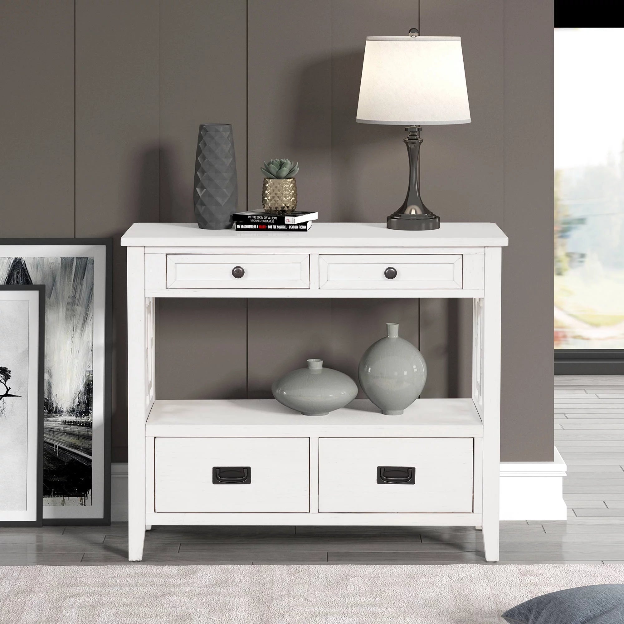 36" Modern Farmhouse Console Table, Wood Entryway Table with 4 Drawers and 1 Shelf, Sofa Table Side Table with Thick Table Top for Living Room, Hallway and Bedroom, Easily Assembly, Antique White