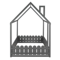 Full Size House Bed for Kids Boys Girls, Wood Floor Bed Frame with Roof and Fence, Box Spring Needed, Gray 78''L x 56.4''W x 68.6''H