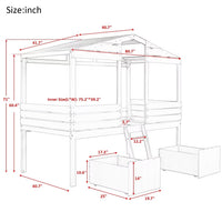 Twin Size Low Loft Bed with 2 Storage Drawers, House Shaped Loft Bed with Roof and Windows, Wood Playhouse Bed for Kids Boys Girls, No Box Spring Needed, Walnut