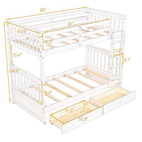 Solid Wood Twin Bunk Beds with Ladders and Two Storage Drawers, Twin over Twin Bunk Bed with Safety Guardrails for Kids, Teens, Adults, Wood Slats Support, Can be Separate into 2 Single Beds, White