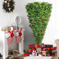 7.5FT Upside Down Christmas Tree Pre-lit Artificial Christmas Trees with Artificial Berries, Santa's Legs and 1500 Branch Tips Xmas Trees for Holiday Carnival Party Home Decorations, Green