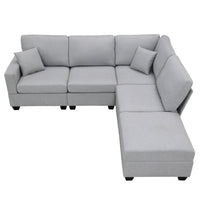 L-Shape Large Sectional Sofa Set, 89.8*60.2" 5-Seat Modular Couch Set with Convertible Ottoman, Linen Fabric Corner Couch Set with 2 Pillows, for Living Room Apartment Office, Gray