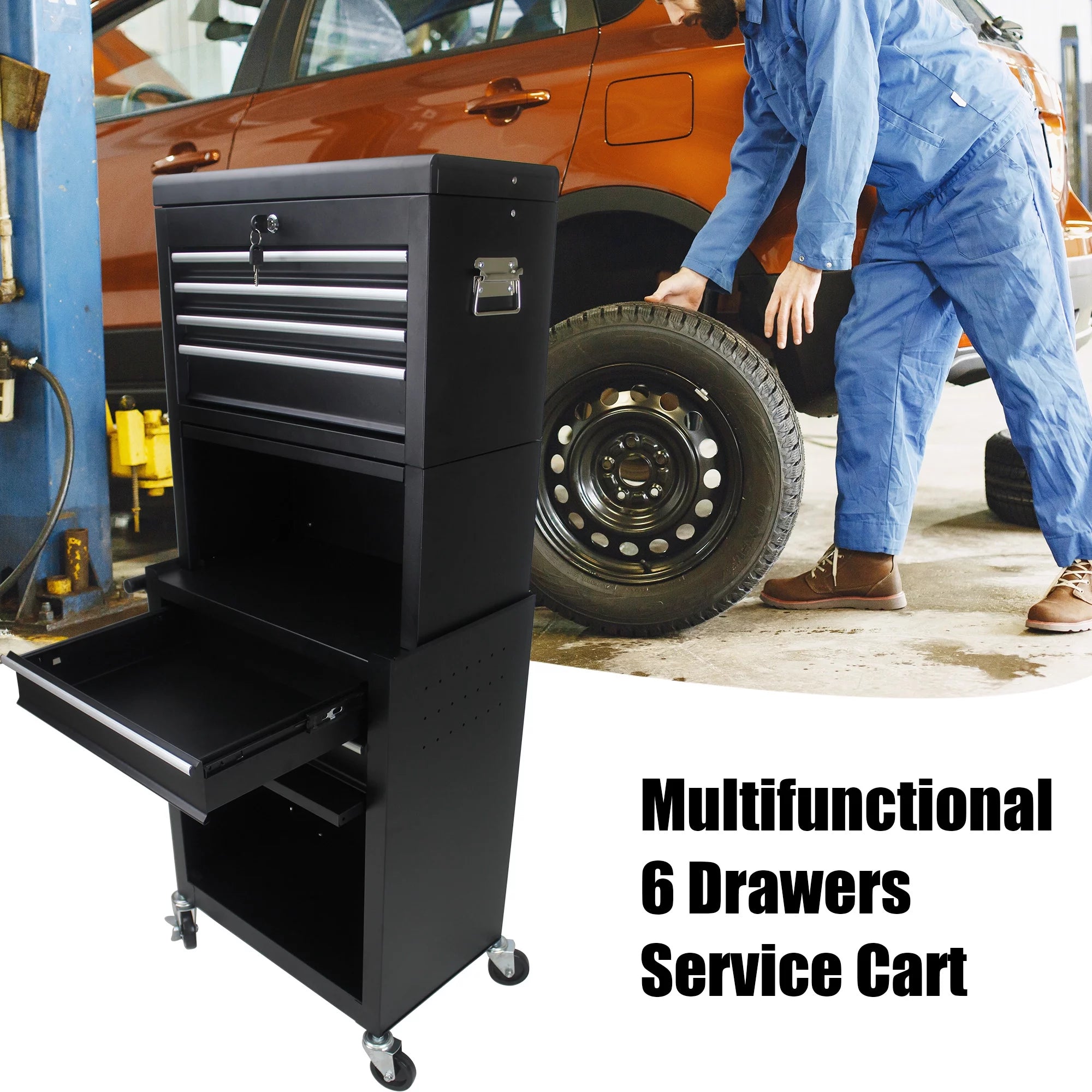 6-Drawer Rolling Tool Chest with Wheels, High Capacity Tool Box with Removable Casters Locking Mechanic Tool Cart Detachable Large Storage Cabinet Organizer for Workshop Warehouse, Black