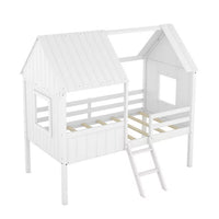 Twin House Loft Bed with Roof for Kids, Low Wooden Bed Frame with Ladder and Fence Guardrails, Montessori Bed with Two Side Windows for Boys Girls Bedroom, No Box Spring Needed, White