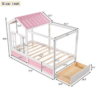 Twin House Bed, Wood Canopy Bed with 1 Storage Drawer, Playhouse Bed with Roof and Window, Montessori Bed Frame for Kids Boys Girls Teens, Pink + White