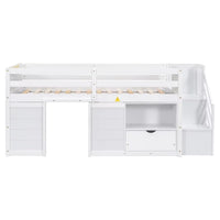 Loft Bed with Storage Stair, Drawers and Shelf, Twin Size Loft Bed Frame with Full-Length Guardrail, Low Loft Bed with Large Under-Bed Space for Teens Boys Girls, No Box Spring Required, White