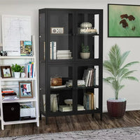 Metal Storage Cabinet, 59" Tall Kitchen Pantry Cabinet Glass Display Cabinet with Adjustable Shelves and Feet, Freestanding Bookcase for Home Office Living Room Study Room, Black