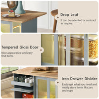 Kitchen Island with Drop Leaf, Modern LED Light Kitchen Cart on Wheels with 2 Fluted Glass Doors and 1 Flip Cabinet Door, 44" Large Kitchen Island Cart with an Adjustable Shelf and 2 Drawers, Gray