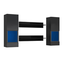 4 Pieces Floating TV Stand Set, Modern High Gloss Wall Mount Entertainment Center with 16-Color RGB Lights, 2 Media Storage Cabinets and 2 Shelves for Living Room Home Theater, Black