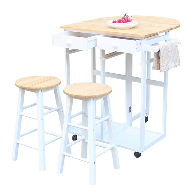 3Pcs Wood Dining Table Set, Rolling Casters Breakfast Cart Set with 1 Side Folding Drop Leaf 2 Drawers Kitchen Island Cart with 2 Stools Space Saving for Kitchen Living Room