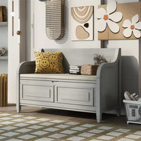 Storage Bench with Hidden Storage Space, Shoe Bench with Backrest and Removable Upholstered Cushion, Solid Wood Entryway Bench for Entryway Living Room Bedroom, Gray Wash + Beige