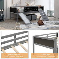 Low Loft Bed with Slide and Two Storage Boxes, Chalkboard, Wood Twin Size Loft Bed with Climbing Frame and Rope (Gray, Loft Bed)