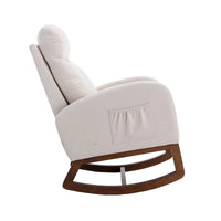 Modern Rocking Chair Nursery Upholstered Glider Chair with Side Pocket, Comfortable Rocking Accent Armchair with High Back and Rubber Wood Legs for Living Room Bedroom Reading Room Lounge, Beige