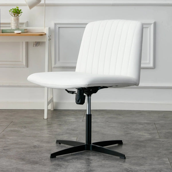 360 °Swivel Office Chair, Pu Material Home Computer Chair, Adjustable Cushion Chair with Black Foot Swivel Chair, Metal frame Makeup Chair Study Desk Chair, No Wheels, White