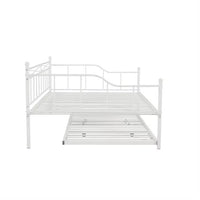 Full Size Daybed with Twin Size Adjustable Trundle, Metal Steel Bedframe with 4 Wheels and Portable Folding for Bedroom Guestroom, No Box Spring Required, Line Pattern, White